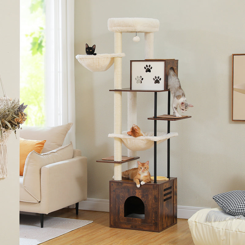 Árvore para gatos grande de vários níveis com espaçosas casinhas, redes e postes de sisal para arranhar.