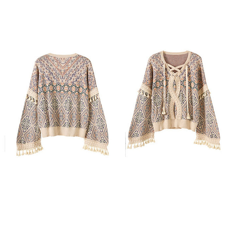 Twist Jacquard Tassel Drop Shoulder Sweater Jacket