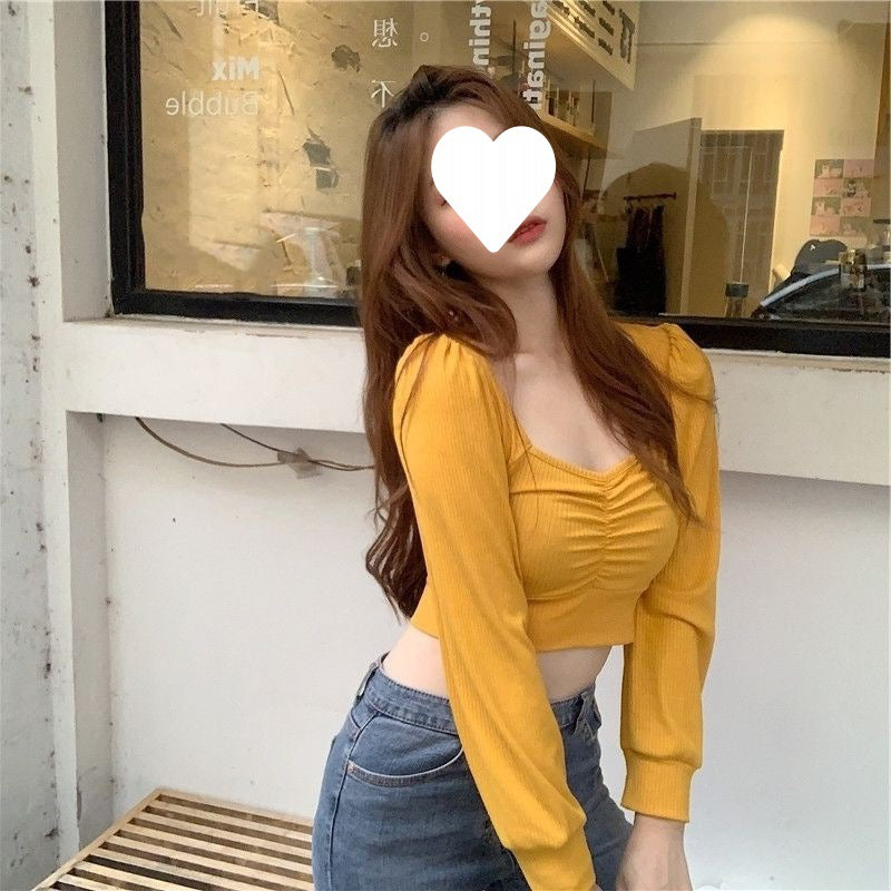 Bare Midriff High Waist Short Shirt Long-sleeved Shirt