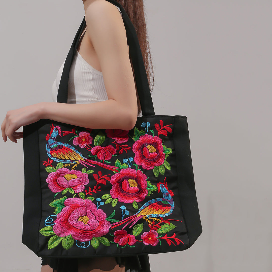 Elegant Phoenix Embroidered Canvas Shoulder Bag for Women