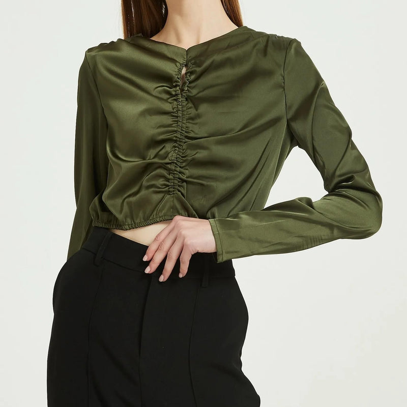 Elegante grüne Seidenchiffonbluse mit langen Ärmeln