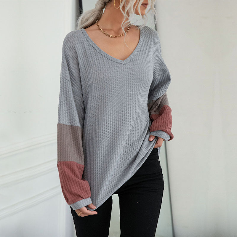 New Color Blocking Long Sleeve Waffle V-neck Pullover Knitted Top