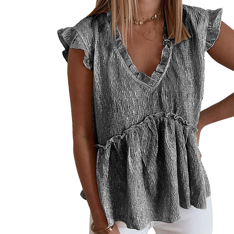 Personalized Metal Pleated Ruffled Short Sleeves Loose Top For Women