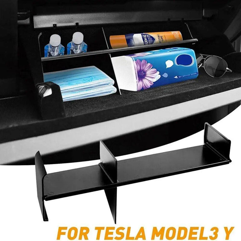 Organizador de armazenamento em camadas para porta-luvas do Tesla Model 3Y (2017-2021).