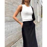 black ankle-length a-line skirt with pockets, view 3 - MRSLM