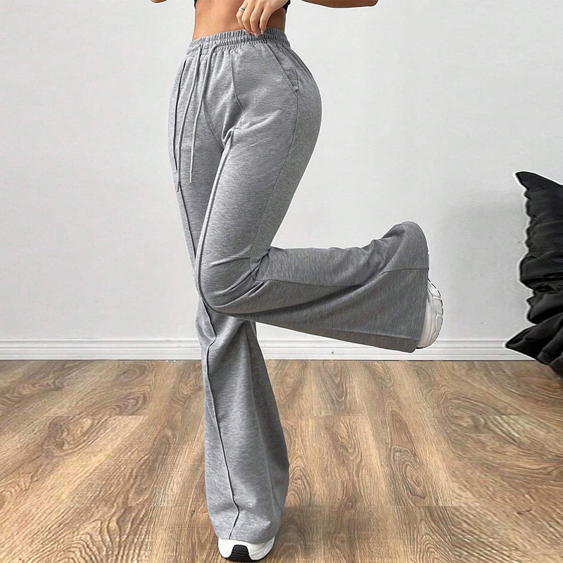 drawstring elastic waist wide-leg pants in gray, view 4 - MRSLM