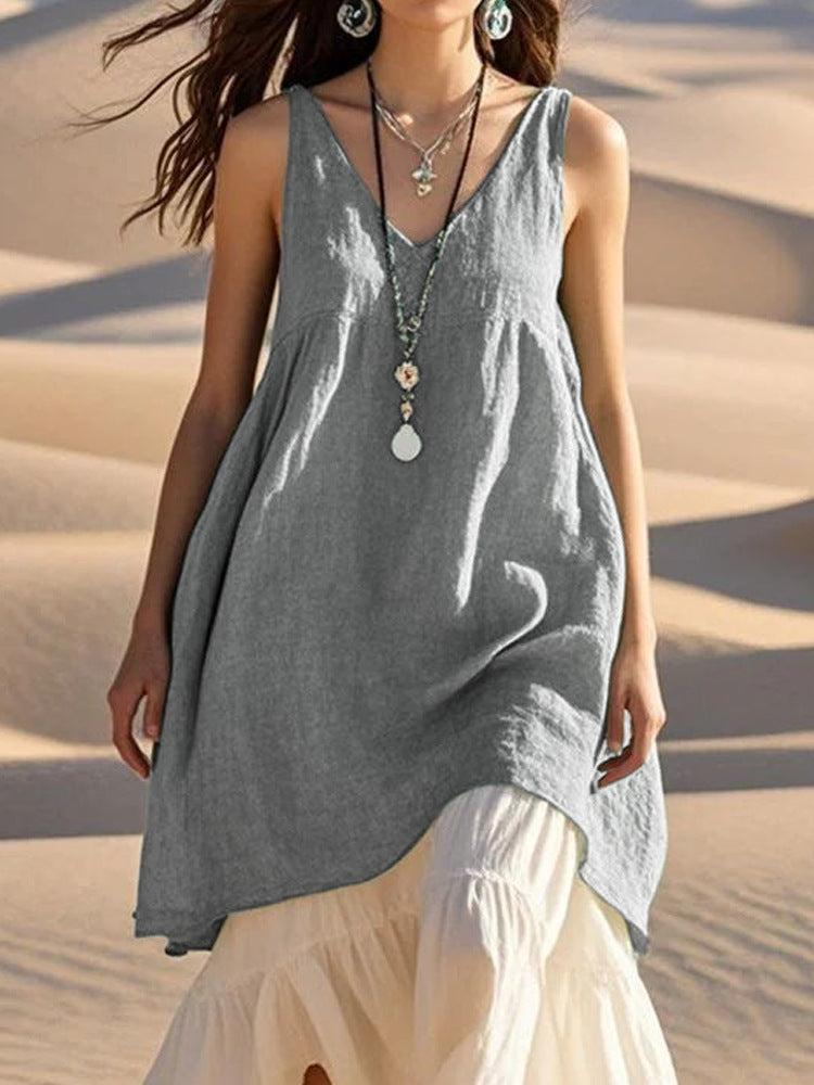 Fashion Sleeveless Cotton Linen Solid Color And V-neck Beach Dress