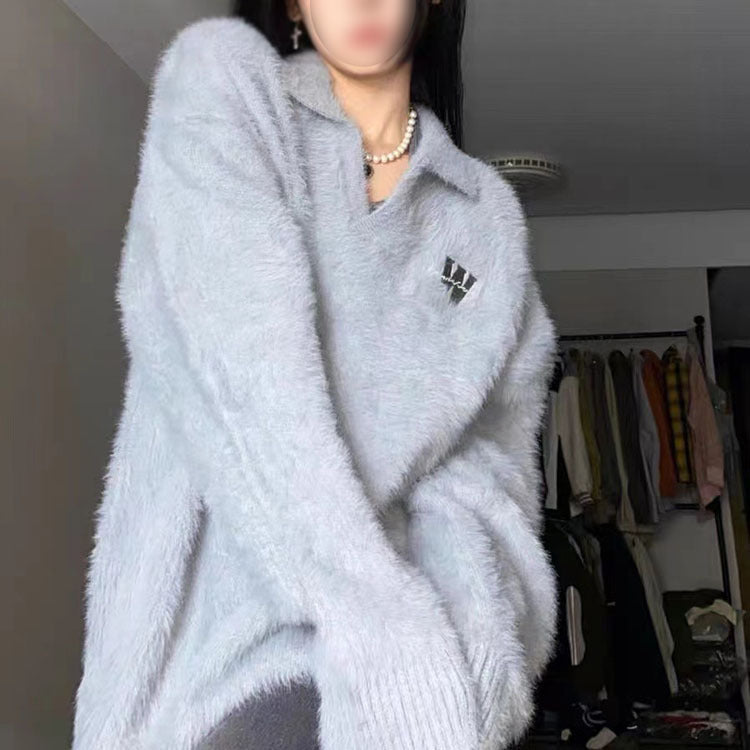 women's soft velvet polo collar sweater grey, view 3 - MRSLM