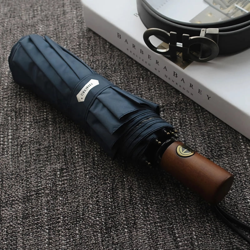 automatic windproof golf umbrella with wooden handle, view 4 - MRSLM