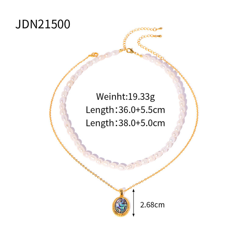 Double-layer Natural Pearl Oval Pendant Necklace