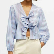 striped lace-up v-neck blouse - MRSLM