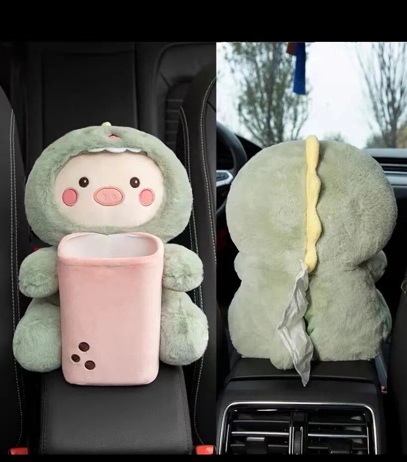 Plush Cartoon Car Tissue Holder & Armrest Organizer