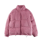 Pink striped corduroy turtleneck puffer jacket, view 2 - MRSLM