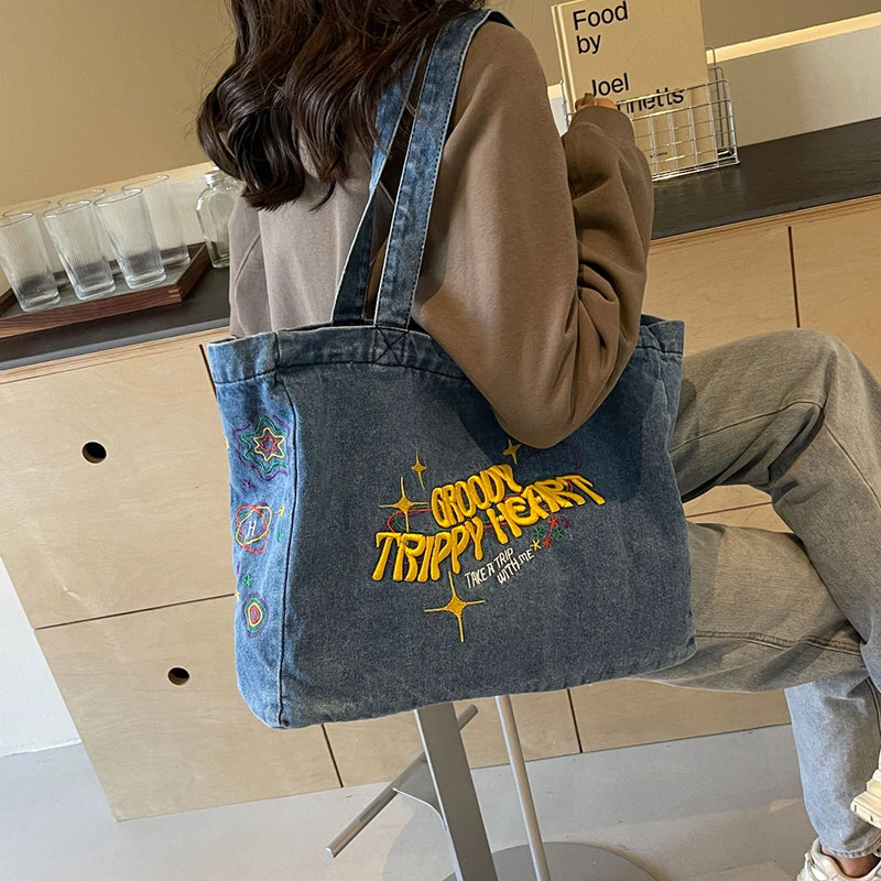 embroidered denim shoulder bag, view 6 - MRSLM