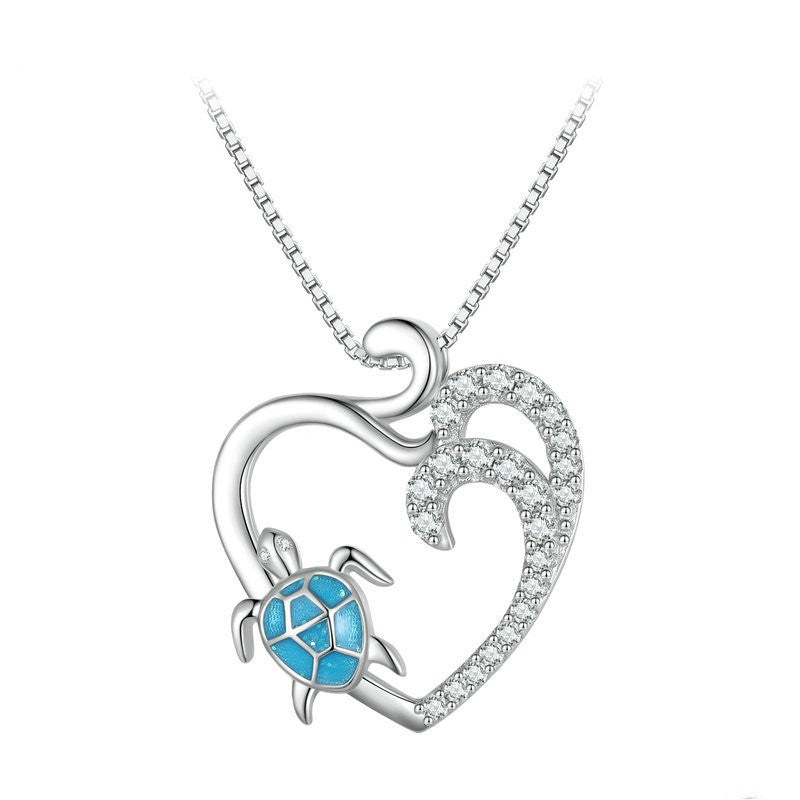 Platinum Plated Heart-shaped Zircon Turtle Hollow Pendant