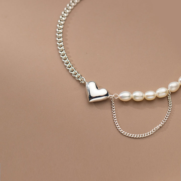 Silver Love Pearl Chain Bracelet Heart Shape