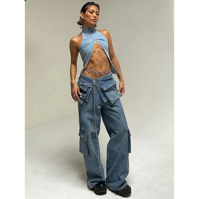 high-waisted baggy jeans with lace-up pockets, view 2 - MRSLM