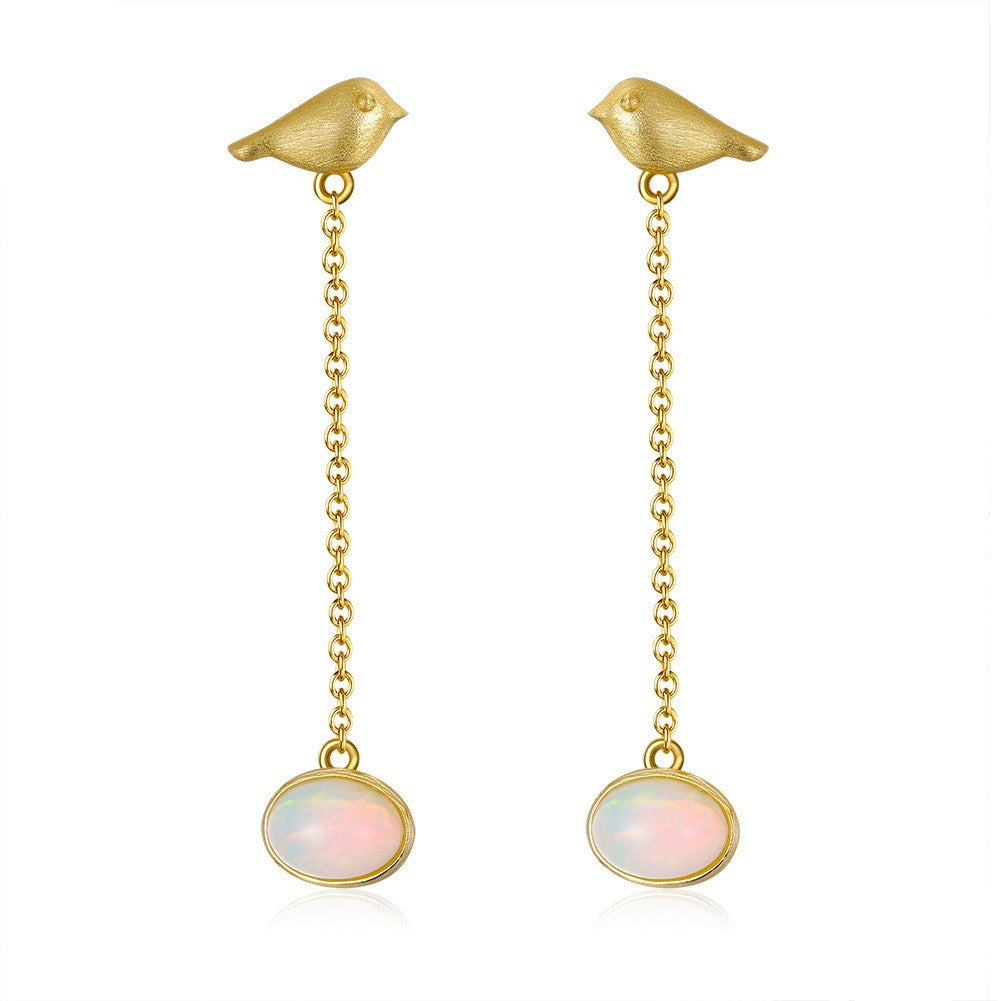 14K Gold Bird Hammer Earrings Natural Opal