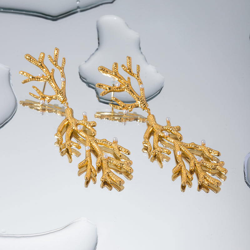 gold coral pearl pendant earrings, view 9 - MRSLM
