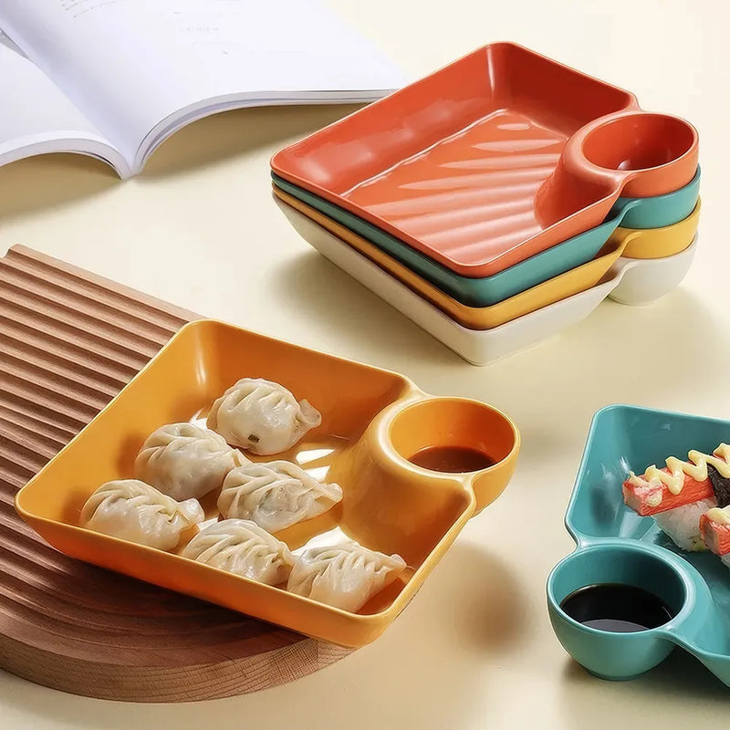 Square snack platter with sauce compartment, view 6 - MRSLM