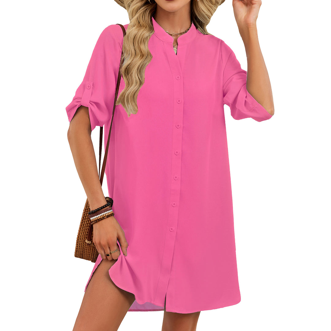 V-neck Shirt-sleeve Button-down Dress For Women