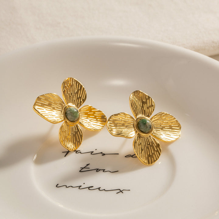Vintage Flower Inlaid Natural Stone Stud Earrings