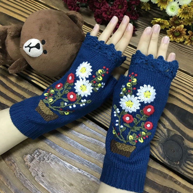 embroidered floral knitted half finger gloves, view 5 - MRSLM