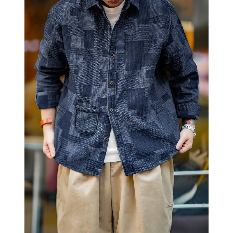 men's retro denim patchwork shirt, view 2 - MRSLM