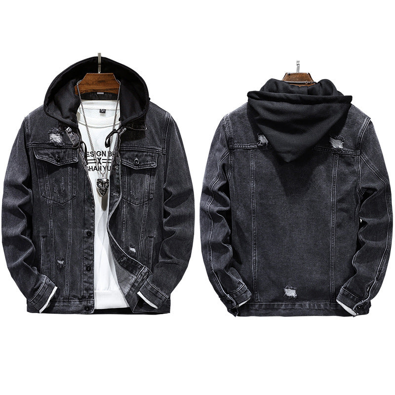 Herren-Freizeitjacke mit abnehmbarer Kapuze und Löchern, Jeansjacke