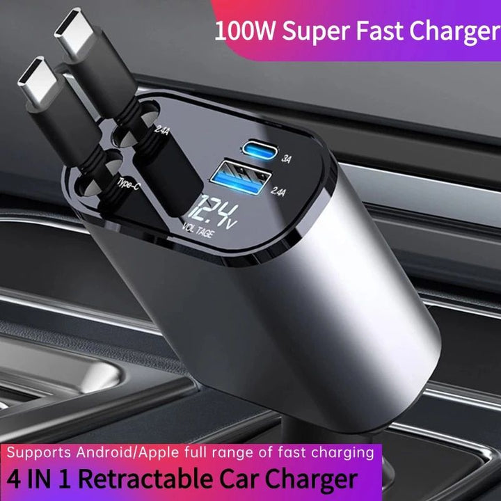 High-Speed 4-in-1 Retractable Car Charger with Dual USB, Type-C & Lightning Cables