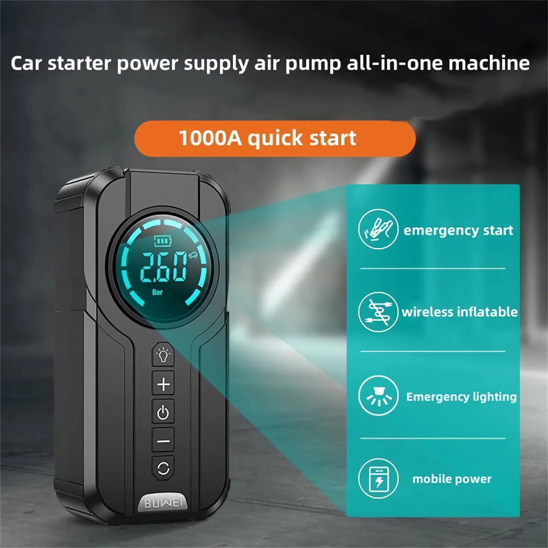 Multi-Function Portable Car Jump Starter with Air Compressor, Power Bank, and Emergency Light