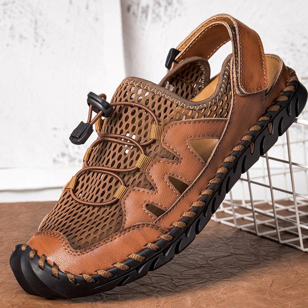 Men Microfiber Leather Hand Stitching Breathable Mesh Casual Soft Sandals - MRSLM