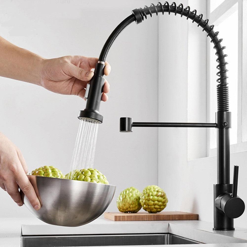 Matte Black Kitchen Sink Faucets Brass Single Lever Pull Out Spring Spout Mixers Tap Hot Cold Water Crane - MRSLM