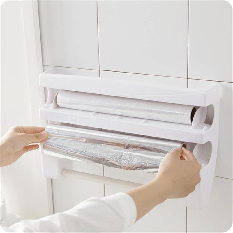 Kitchen Wrap Film Storage Rack with Cutter Aluminum Foil Barbecue Paper Rack Towel Rack Towel Kitchen Storage Rack - MRSLM