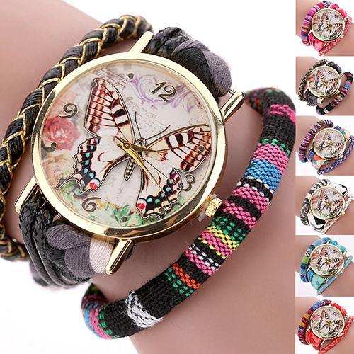 Women Ethnic Style Multilayer Knitted Strap Butterfly Dial Bracelet Quartz Wrist Watch - MRSLM