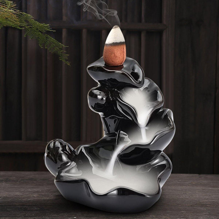 Backflow Incense Cone Burner Holder Ceramic Lotus Stream Fragrant Smoke Backflow Home Censer Decor - MRSLM