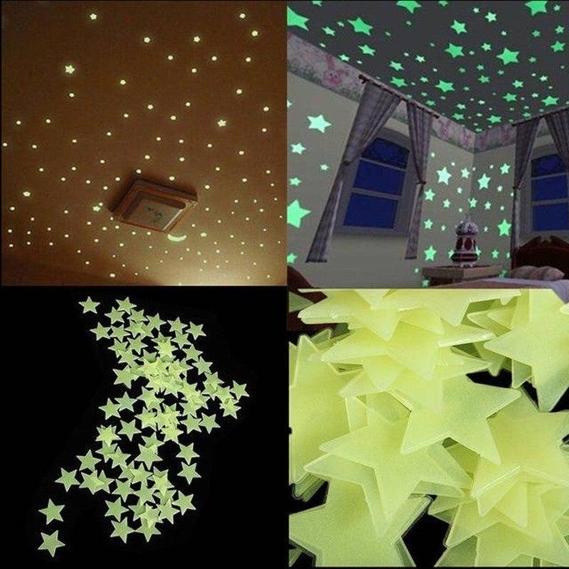 100pcs 3D Stars Glow In Dark Luminous Tape Fluorescent Plastic Wall Sticker Wall Decal Decorations - MRSLM