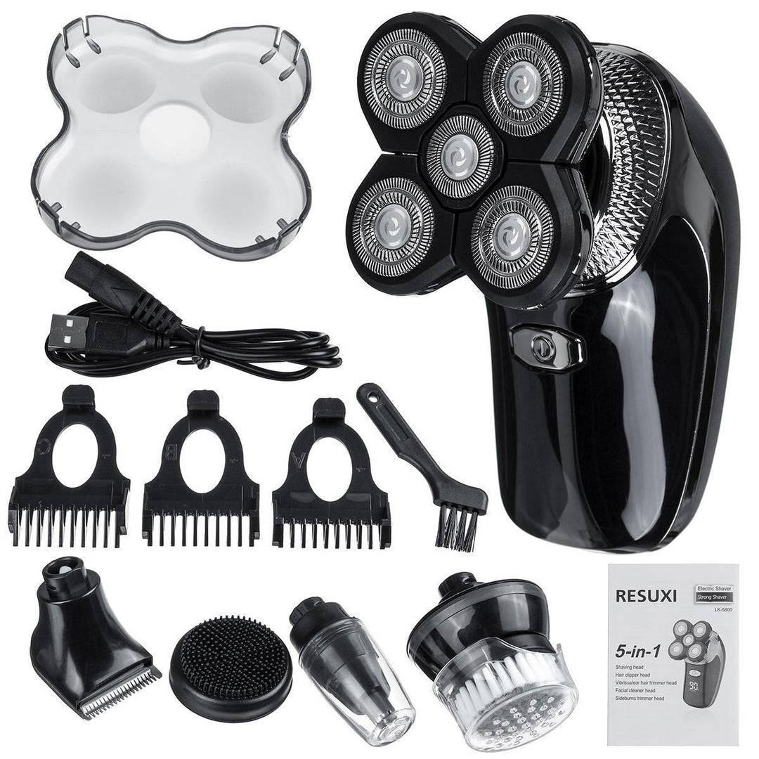 5 IN 1 Dry Wet Dual Use Electric Rotary Shaver Men Bald Beard Razor with 5 Floating Cutter Head - MRSLM