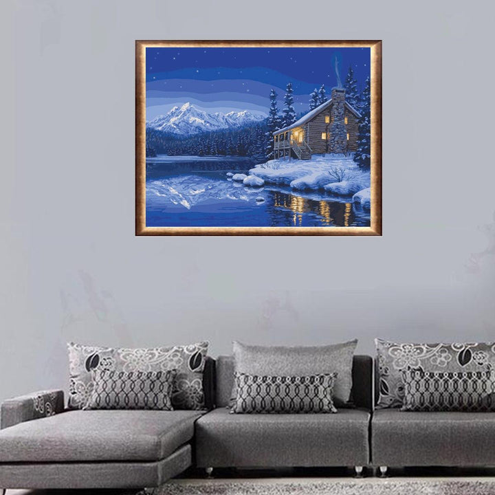 DIY Painting by Numbers Canvas Lake House on a Snowy Night Hanging Picture Decor 50x40cm Home Living Supplies - MRSLM