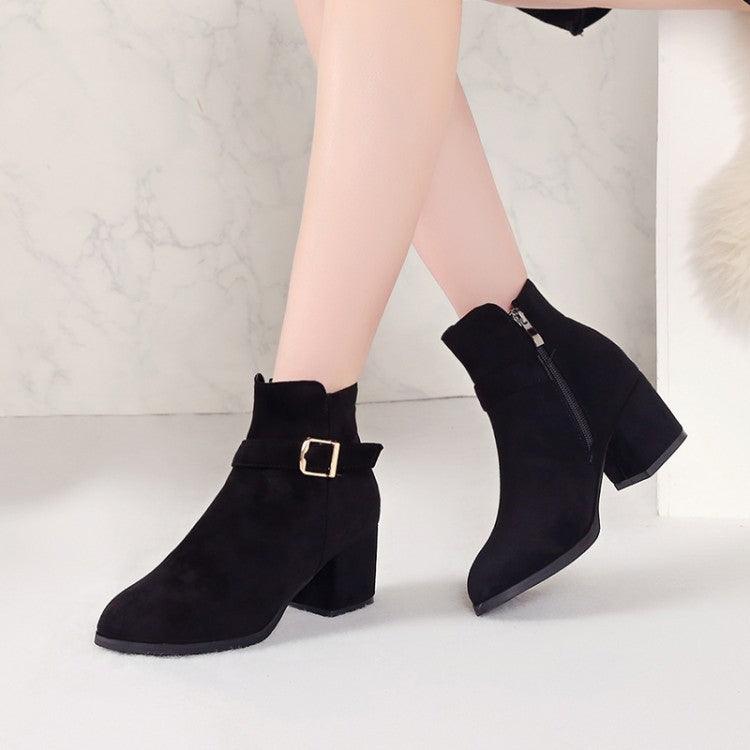 Round Toe Mid-heel Thick Heel Short Boots With Belt Buckle Martin Boots - MRSLM