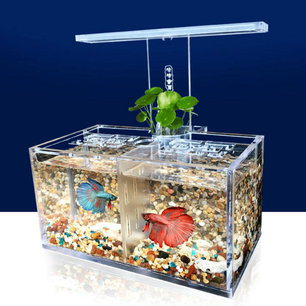 LED Light Acrylic Clear Aquarium Mini Betta Fish Tank Desktop Water Pump - MRSLM