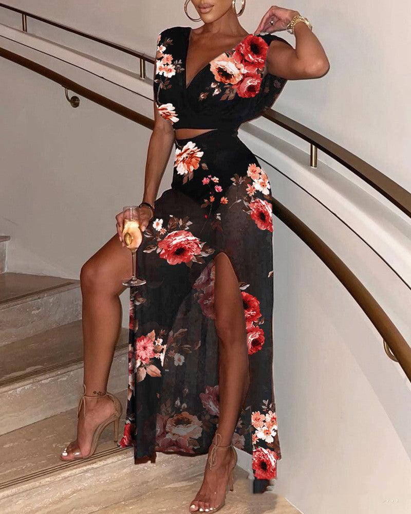 European And American New Women's Black V-neck Slit Skirt Suit - MRSLM