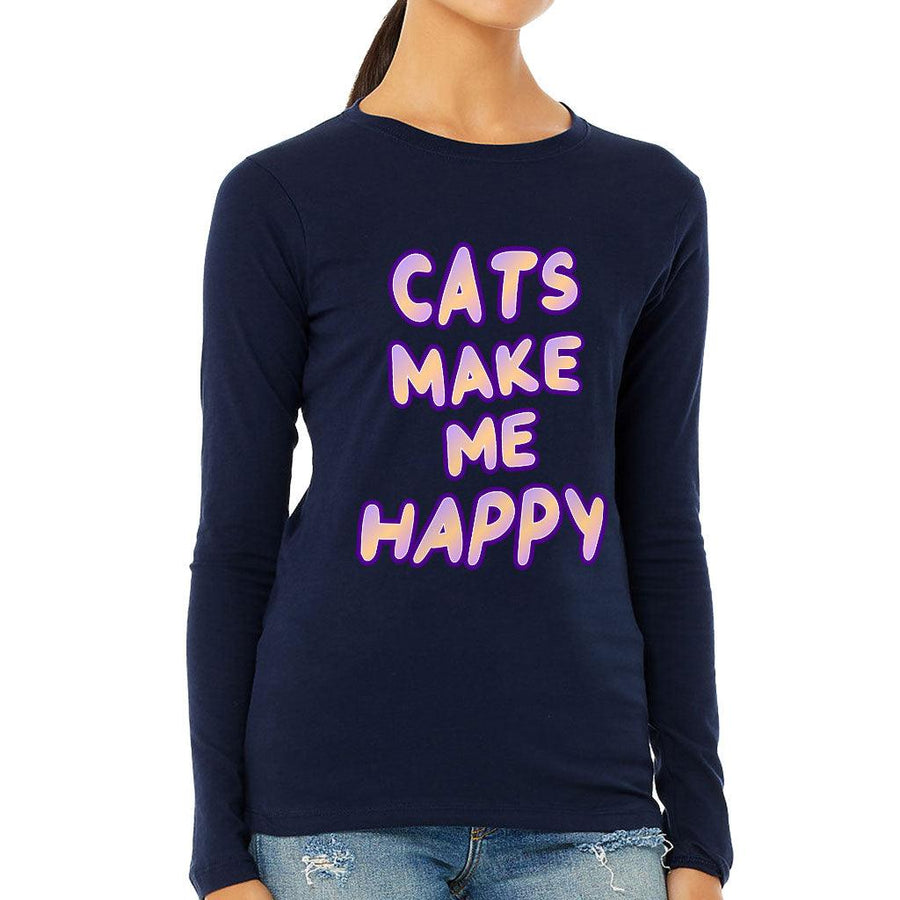 Cats Make Me Happy Women's Long Sleeve T-Shirt - Cute Long Sleeve Tee - Best Design T-Shirt - MRSLM