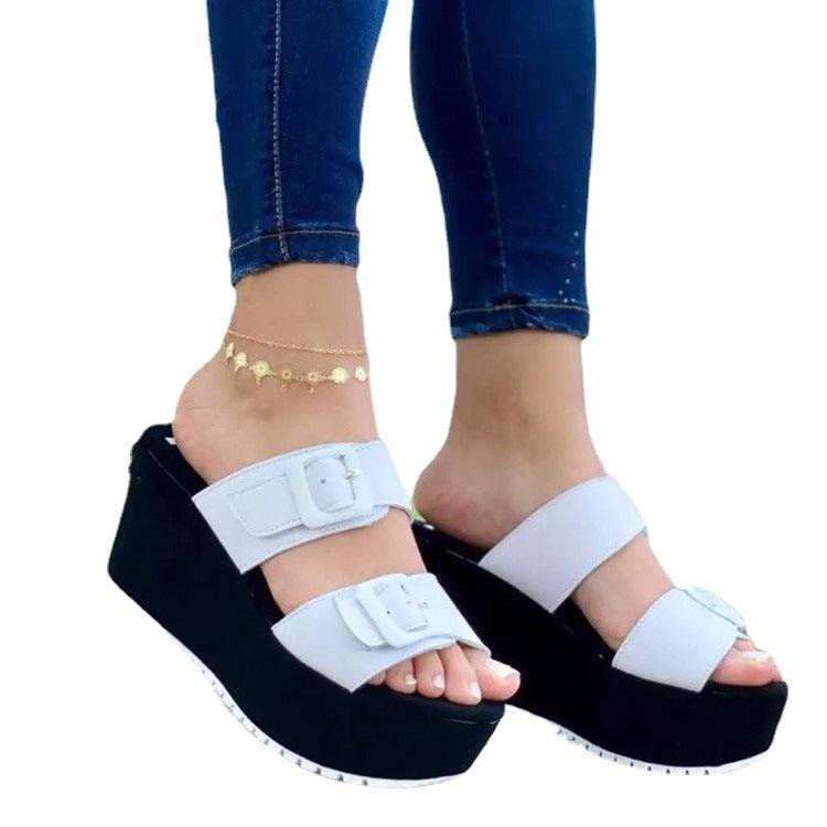 Slippers With Wedge Heel Platform One-Step Belt Buckle Sandals And Slippers - MRSLM