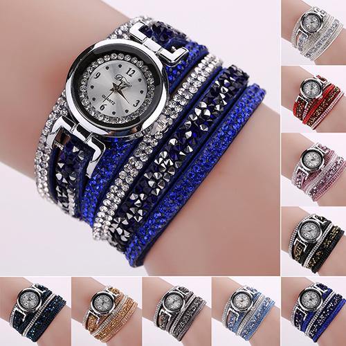 Women Fashion Multilayer Rhinestone Faux Leather Strap Bracelet Wrist Watch - MRSLM