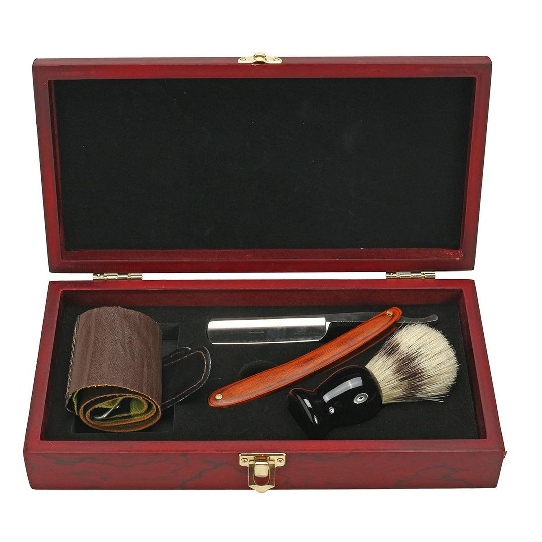 4Pcs Shaver Kit Razor Brush Strop Wooden Box Set - MRSLM