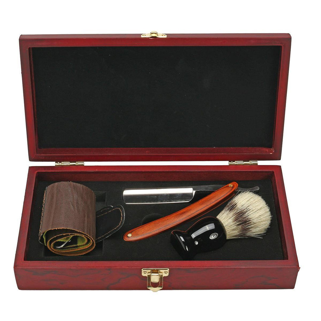 4Pcs Shaver Kit Cut Throat Straight Razor Shaving Brush Strop Wooden Box Gift Set - MRSLM