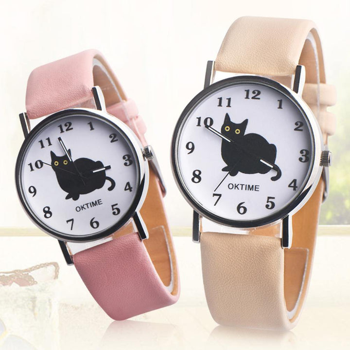 Fashion Cartoon Cat Pattern Faux Leather Band Quartz Unisex Wrist Watch Gift - MRSLM