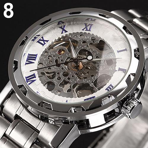 Men Skeleton Roman Numerals Hollow Dial Stainless Steel Band Mechanical Watch - MRSLM