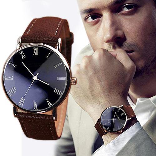 Men's Stylish Simple Roman Numerals Dial Faux Leather Band Quartz Wrist Watch - MRSLM